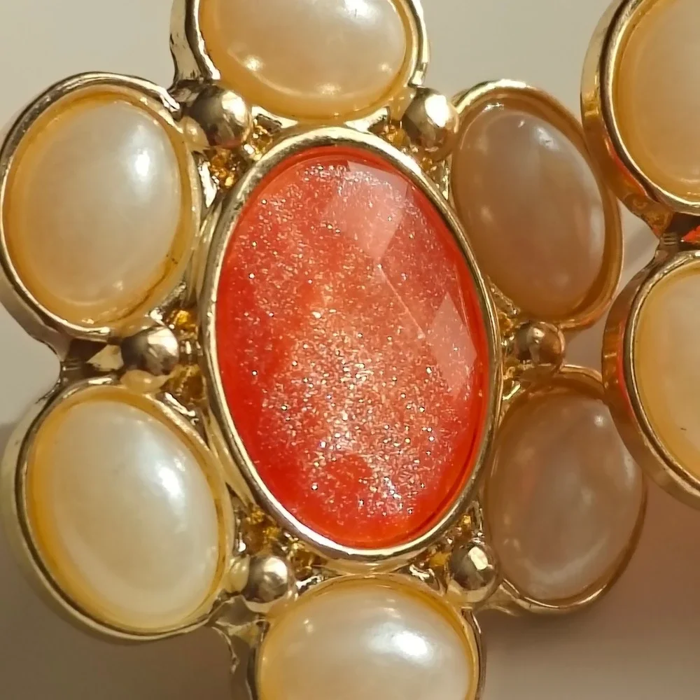 Floral Stud Earrings Gold Tone Coral Resin Faux Pearl Cabochon Statement Retro